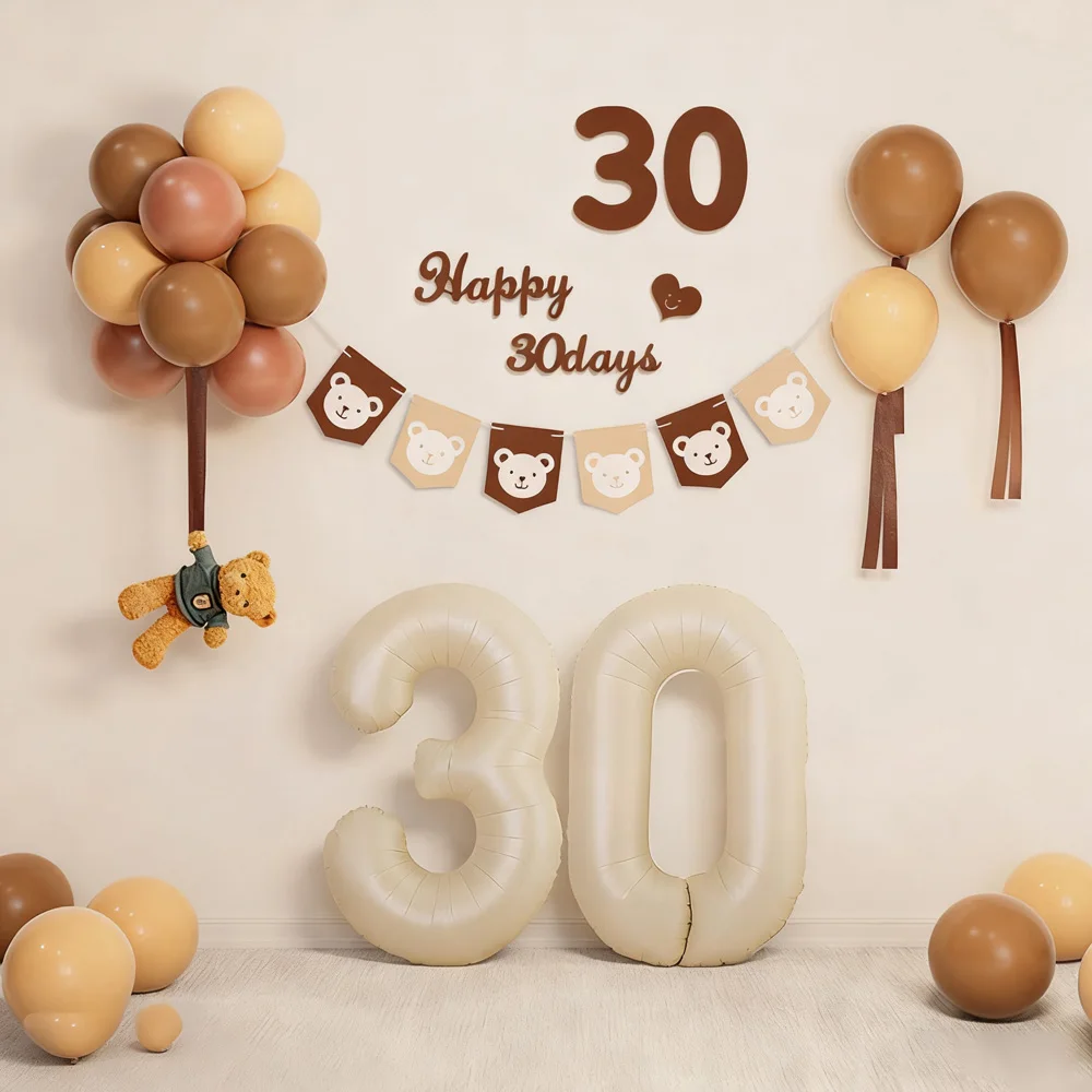 Bear Theme Birthday Party Banners 100 Days Baby Background Decoration Set with Balloons– Newborn