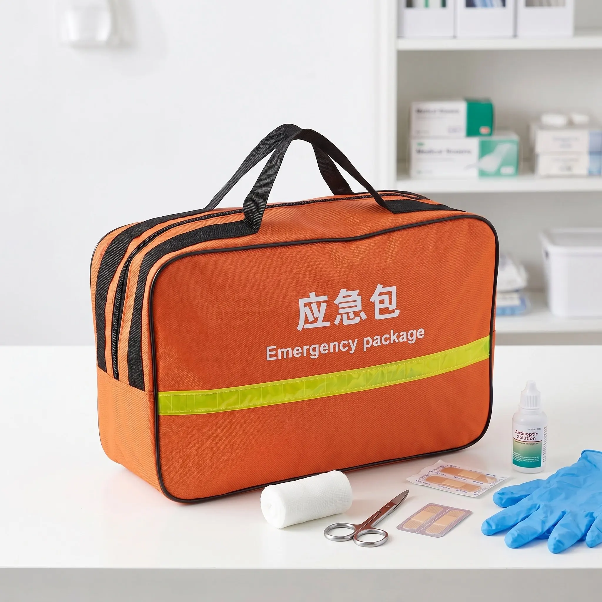 緊急時用ダッフルバッグ、オレンジ色、大容量、反射素材のストライプ付き、サバイバルキット、救助隊員用、避難用。