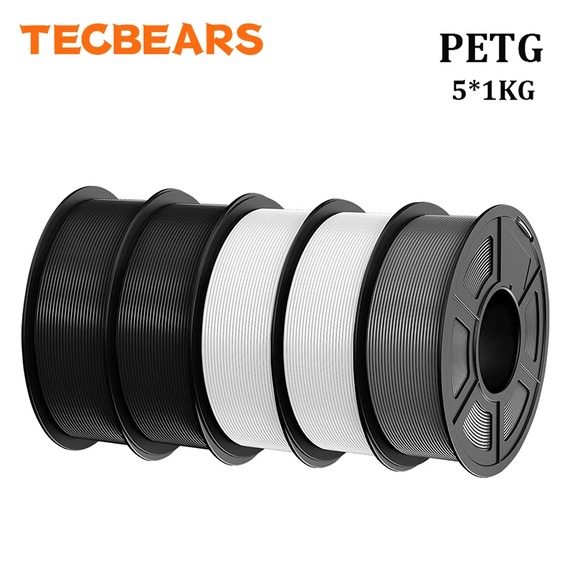 TECBEARS PETG 3D-Drucker Filament 1,75mm 5 Rollen 5KG Mehrfarbig PETG Vakuumverpackung 100% Blasenfrei für FDM DIY Geschenkmaterial