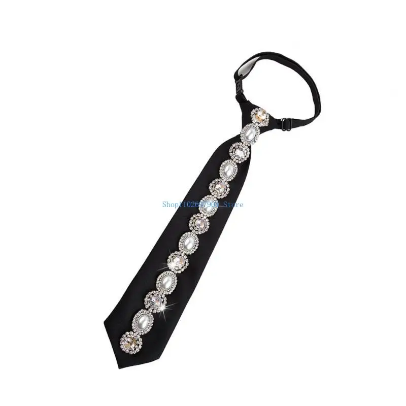 N7YF Adjustable Black Necktie for Women Rhinestones Pearls Accents Pre Tied Neck Tie