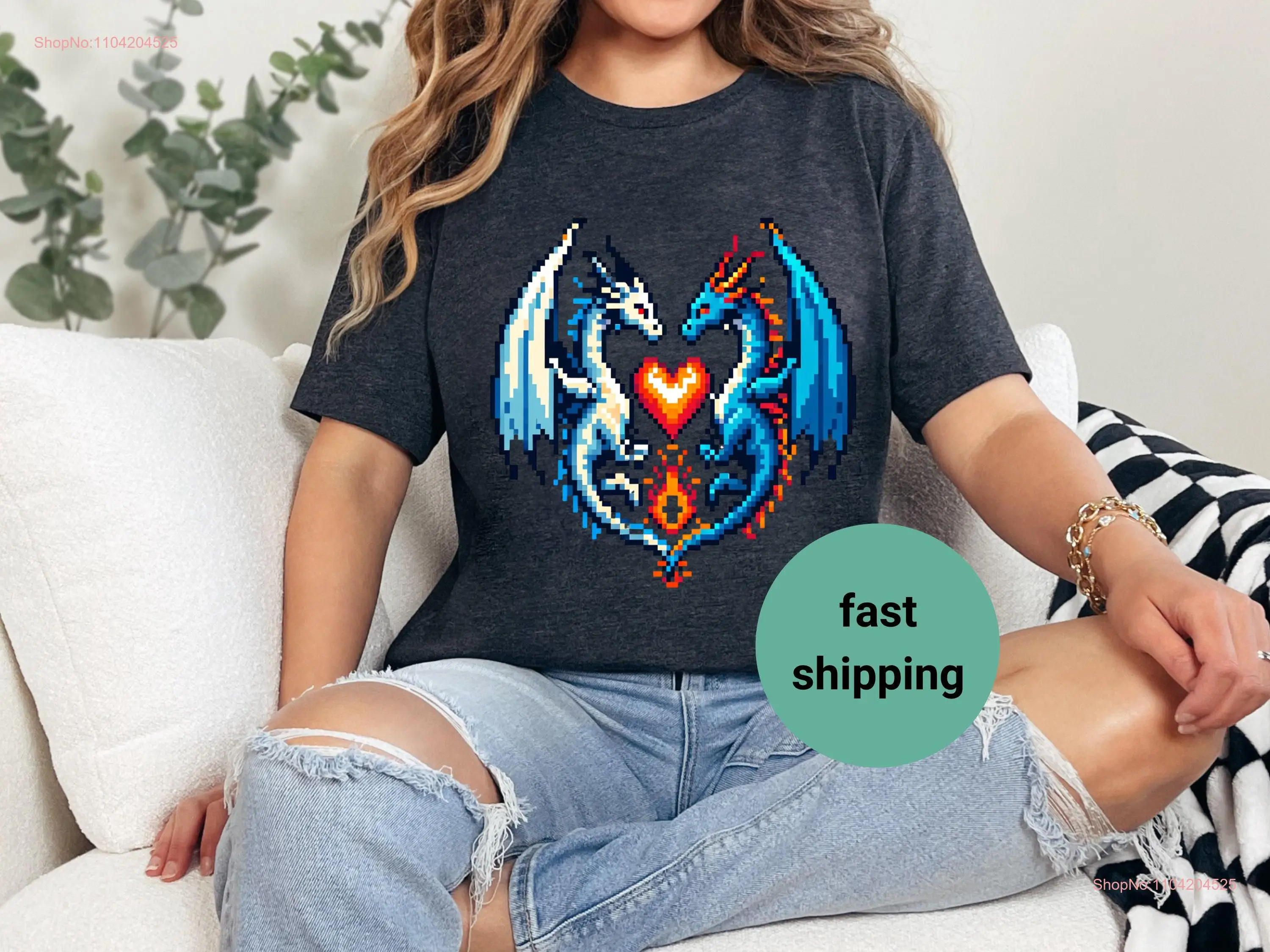 pixel dragon shirt retro design exclusive gift for lover heart long or short sleeves