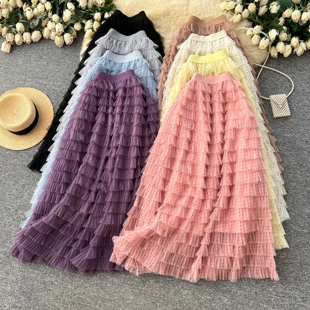 

Women Solid Puffy Skirts Mesh Cake Skirt Polka Dots Layered Ankle Lenth A Line Elastic Waist Loose Elegant Casual 2026 Spring