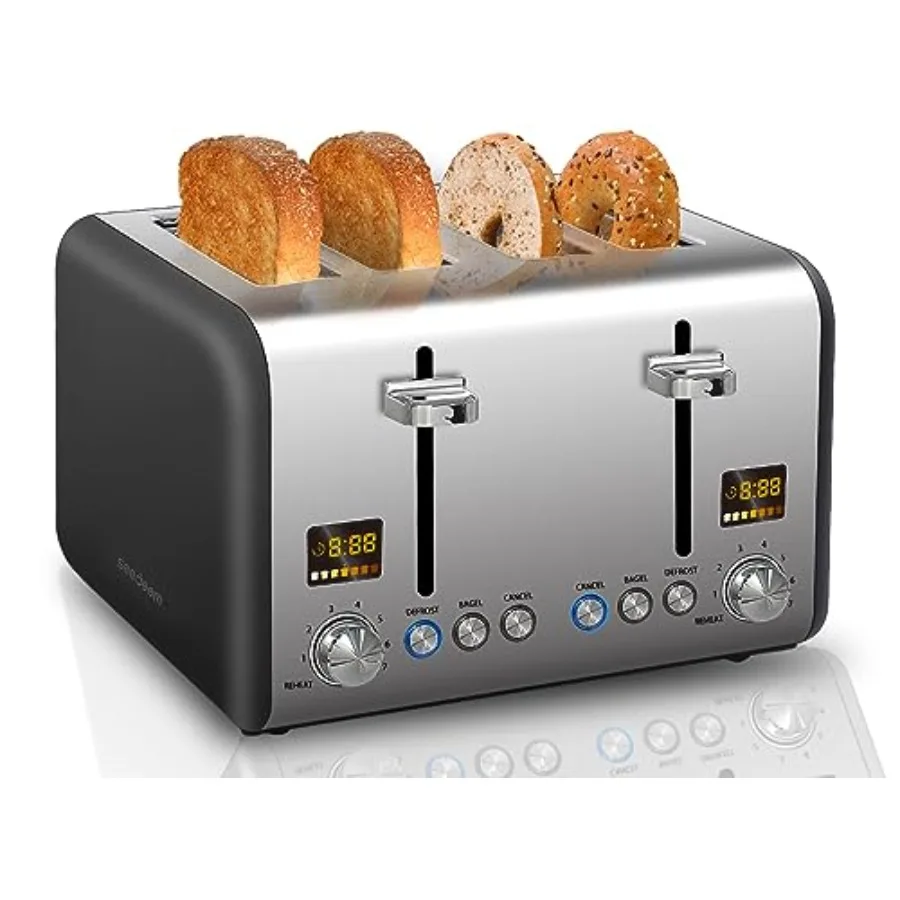 

4 Slice Stainless Toaster with Color LCD Display 7 Shade Settings 1.5'' Wide Slots Bagel/Defrost/Reheat Functions Removable Cru
