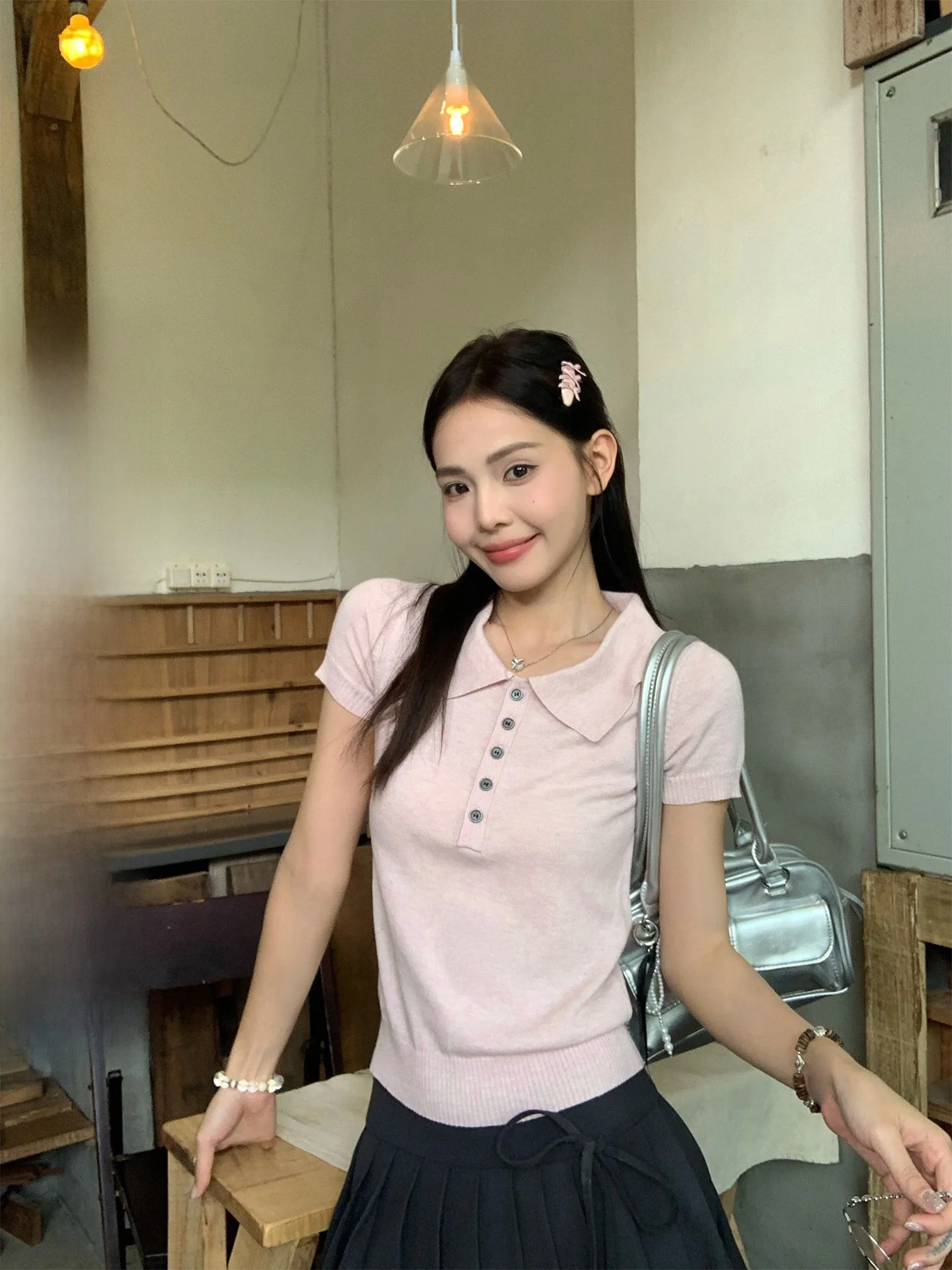 

Pink Neck Knitted Short Sleeve T-Shirt Women's Summer New Style Slim Fit Short Length Small Top Comfortable Commute Style