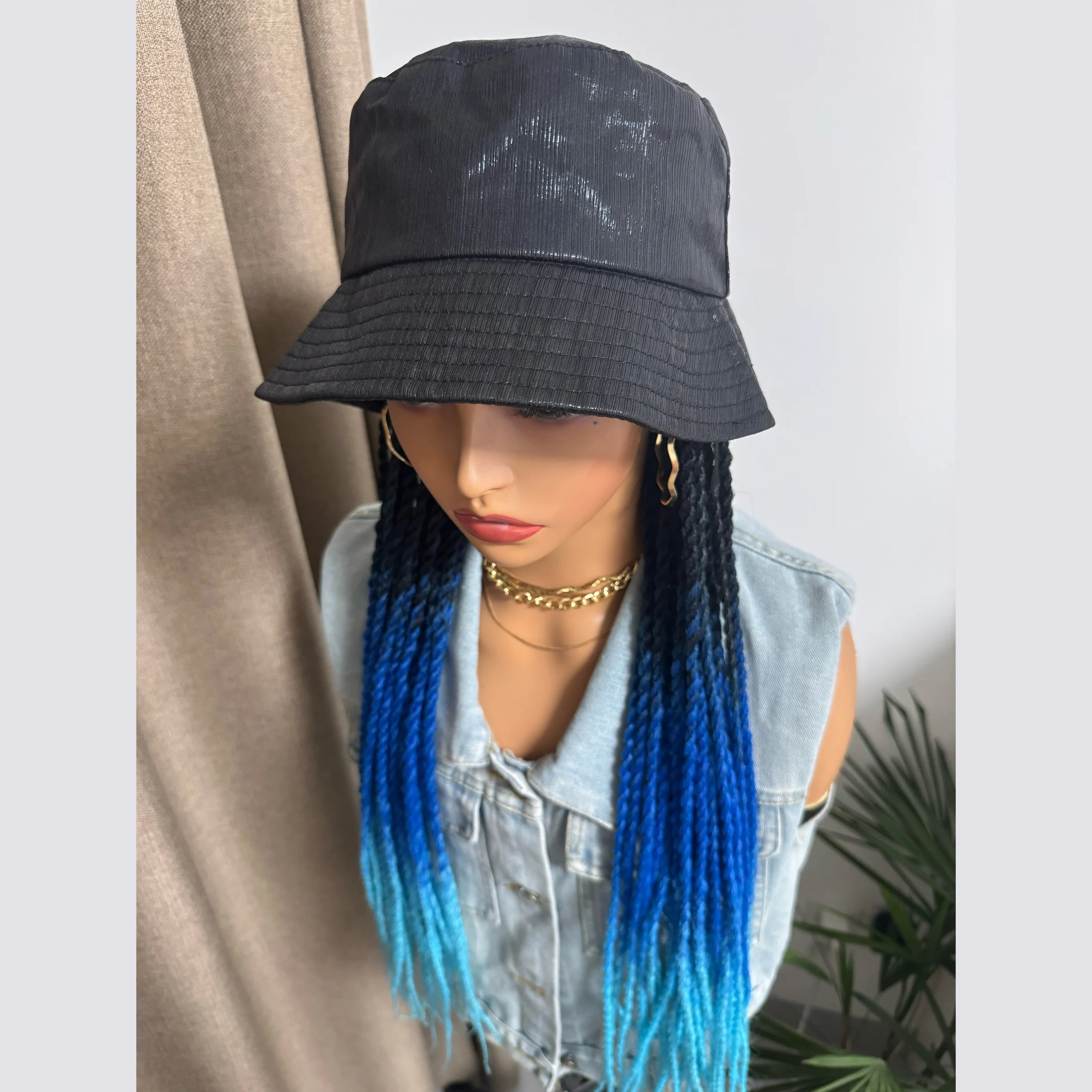 WIGERA Long 24inch Synthetic With Cap Fantasy Deep Light Blue Two-strand Spring Braids Hair Extensions Hat Wigs For Black Women