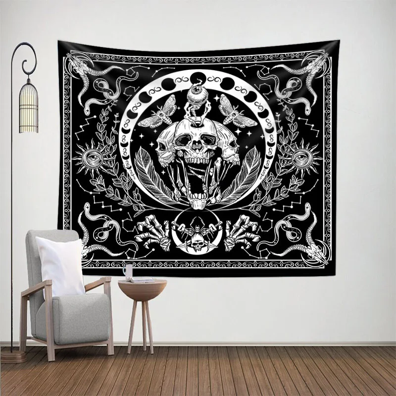 Skull Black White Snake Tapestry Moth Tarot Skeleton Mandala Phase Sun Moon Wall Hanging Occult Home Decor Background Cloth