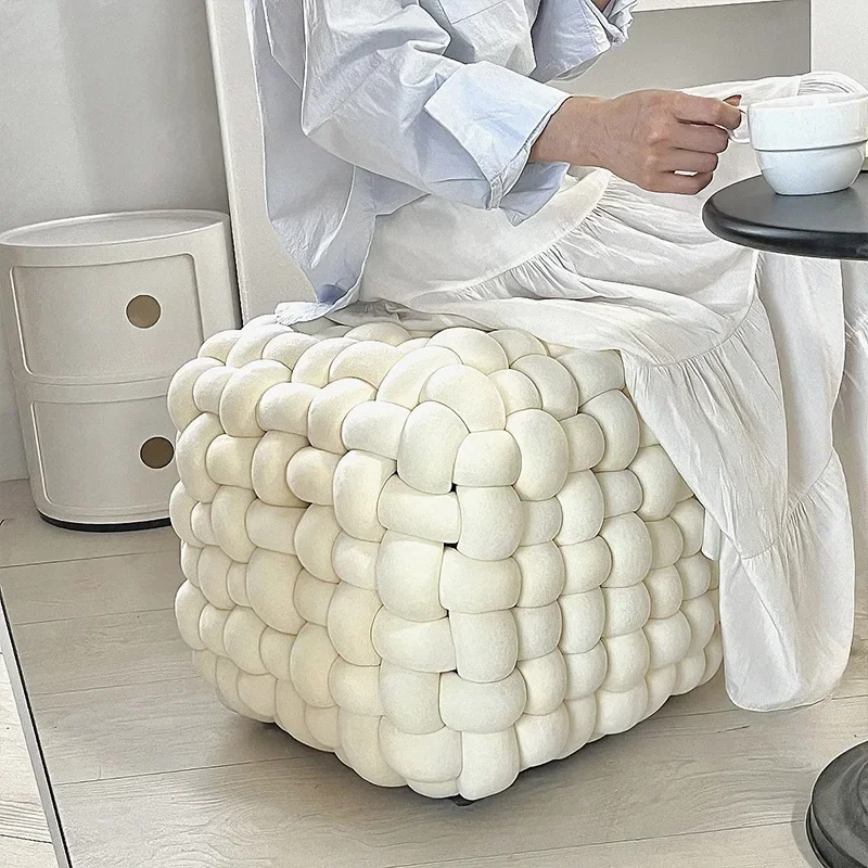 Hand-woven Vanity Stool Coffee Table Footrest Sofa Side Footstool for Living Room Hallway Entrance Ottoman Shoes Changing Bench