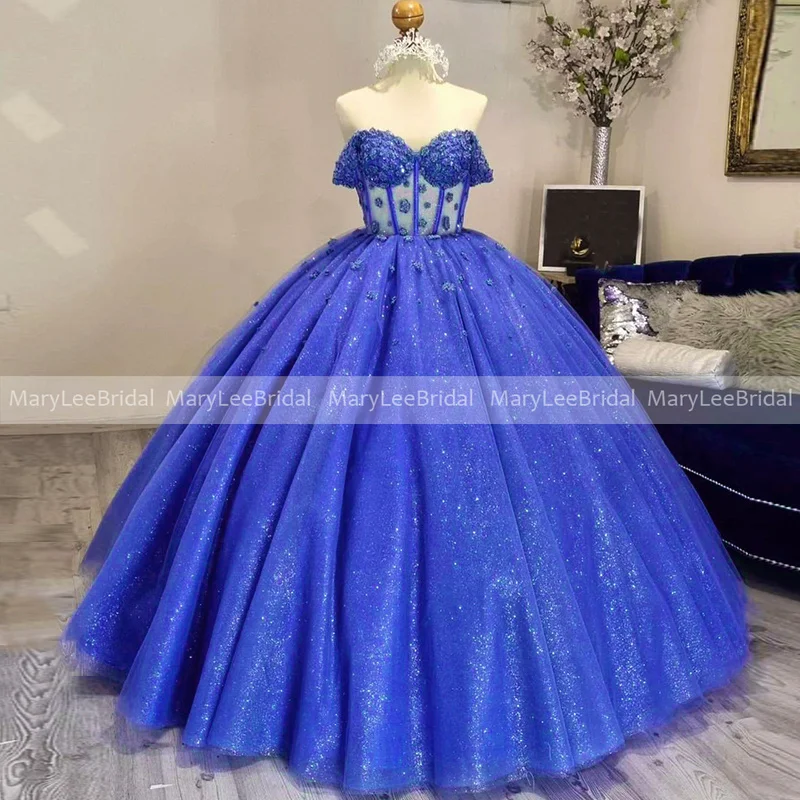 Vestidos de princesa azul real para quinceañera, con apliques de flores, hombros descubiertos, escote Corazón, ilusión, tul, para baile de graduación