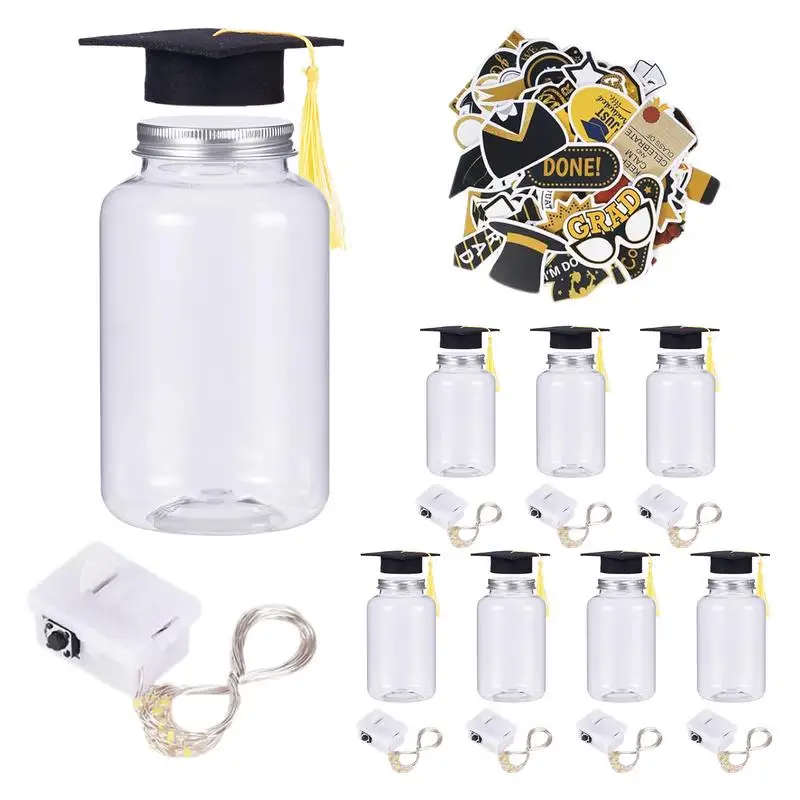 Decorative Graduation Jar 8pcs String Light Graduation Jar With Stickers Hat Shape Lid Decor Bottle Hat Shaped Lid Class Of 2024