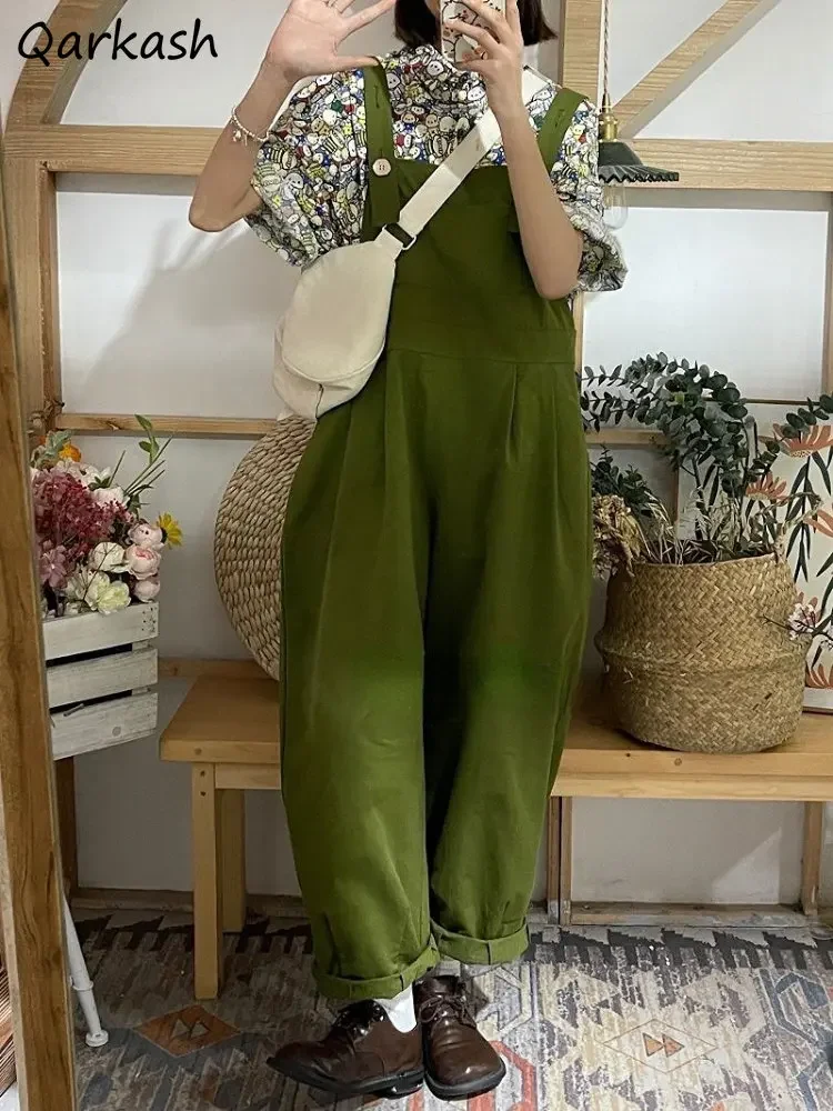 

Wide Leg Strap Jumpsuits Women Casual Green Solid Ankle Length Baggy Streetwear Harajuku Students Preppy Japanese Style Mujer