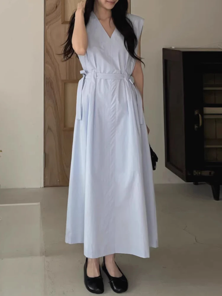 Elegant Temperament V-neck Dresses Strap Waist Slim Over The Knee Long Vestidos 2024 Summer A-line Skirt Vest Dress Female