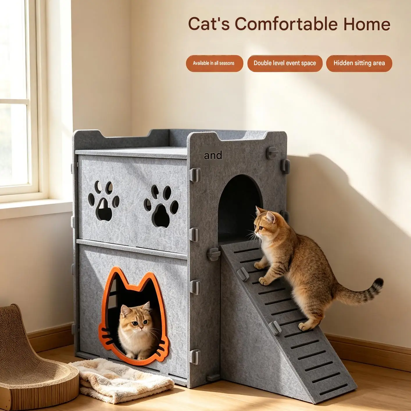 

Durable 2-Tier Felt Cat Tower Indoor Pet Playhouse with Anti-Slip Ramp & Soft Edge Door, Scratch-Resistant Cat Cave for Cats