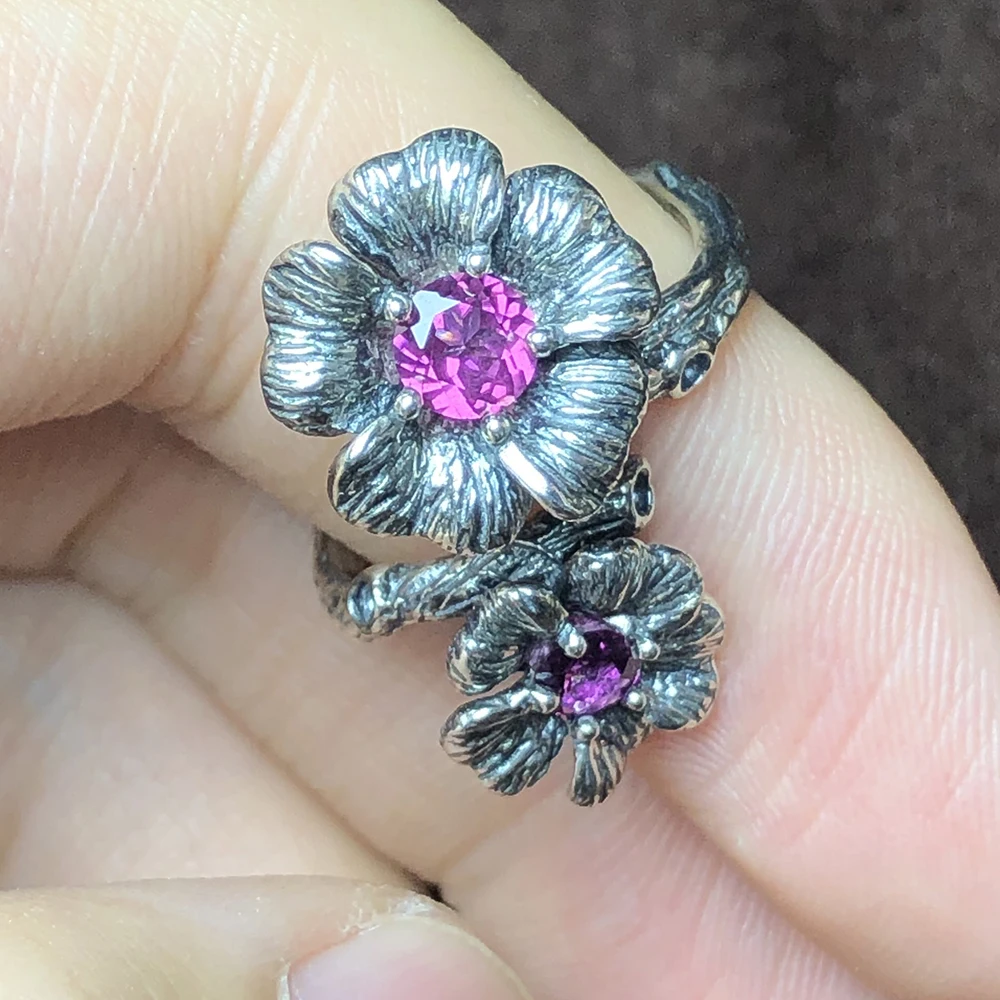 MELE Natural garnet 925 sterling silver ring for women, 13mm and 10mm for Plum blossom flowers size vintage gemstone jewelry