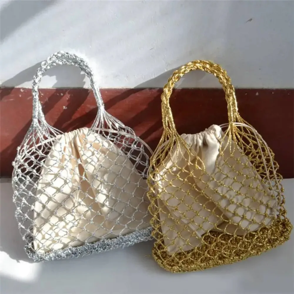 Gold silver 2 color bright paper ropes hollow woven handbag cotton lining straw bag female Reticulate handbag netted beach bag