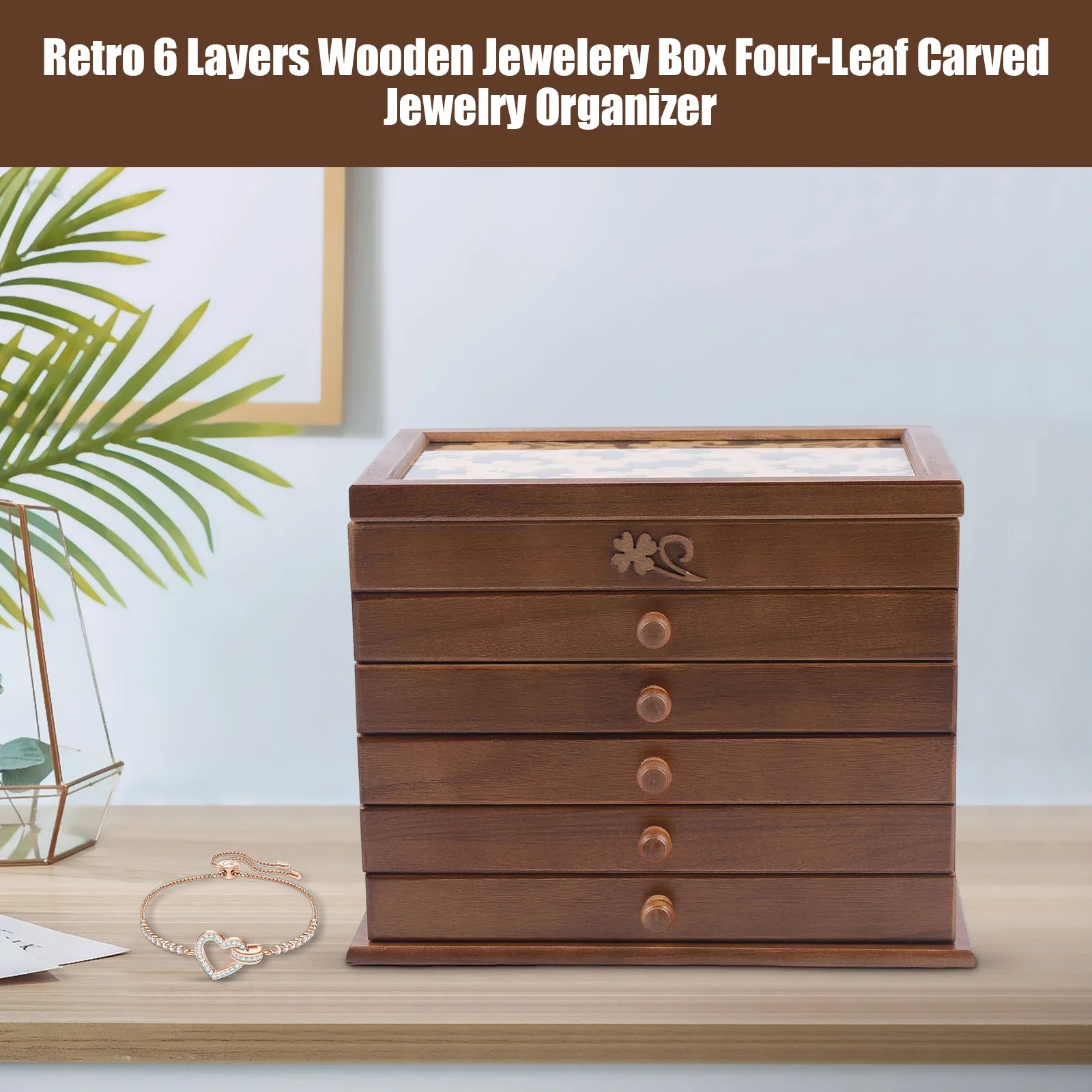 

Retro Wooden 6 Layers W/5 Drawers+35 Slots Mens Womens Jewelry Box Watch Organizer Necklace Ring Earring