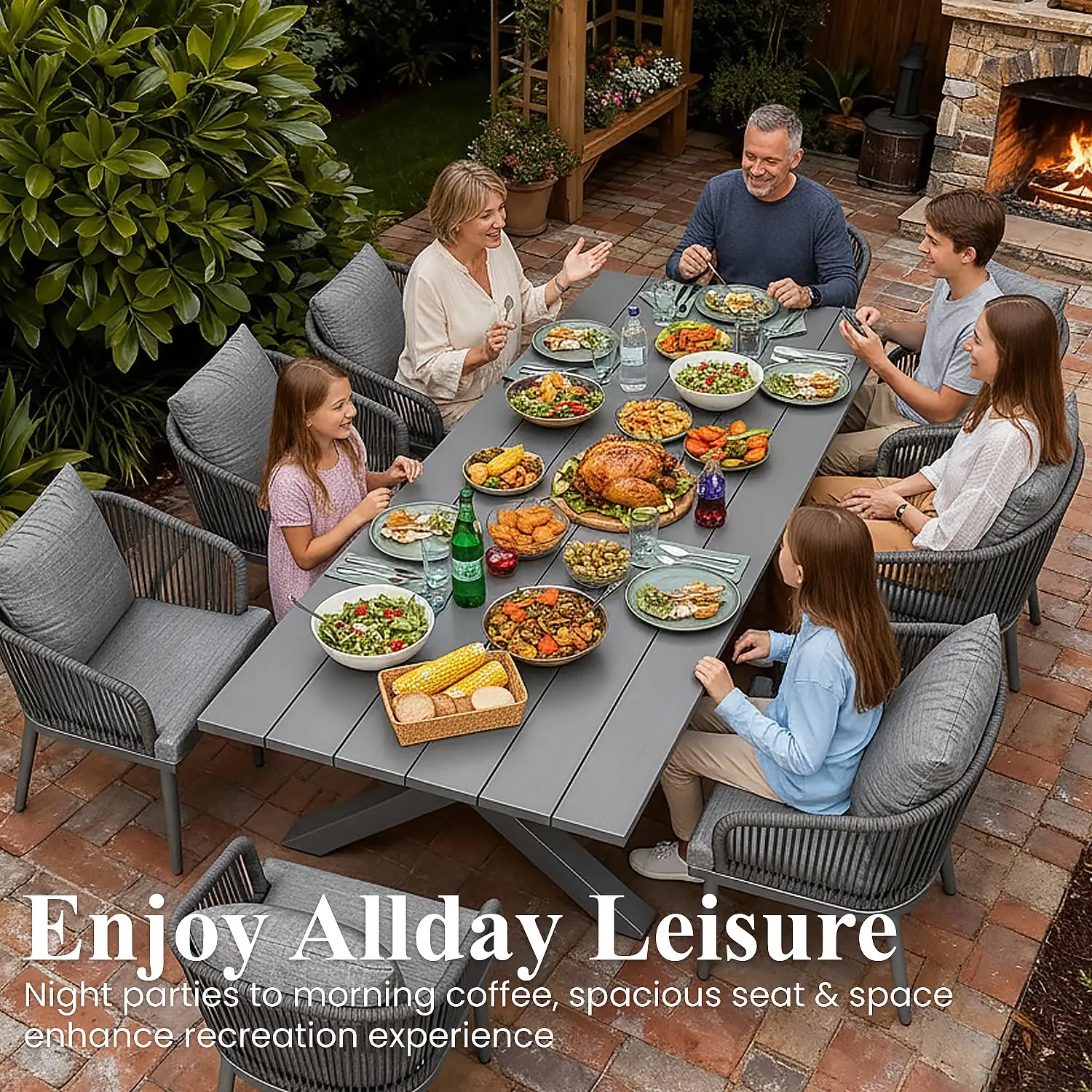 7-Piece Outdoor Patio Dining Set Aluminium Rectangular Table & Wicker Rattan Chairs For Backyard Poolside, Customized
