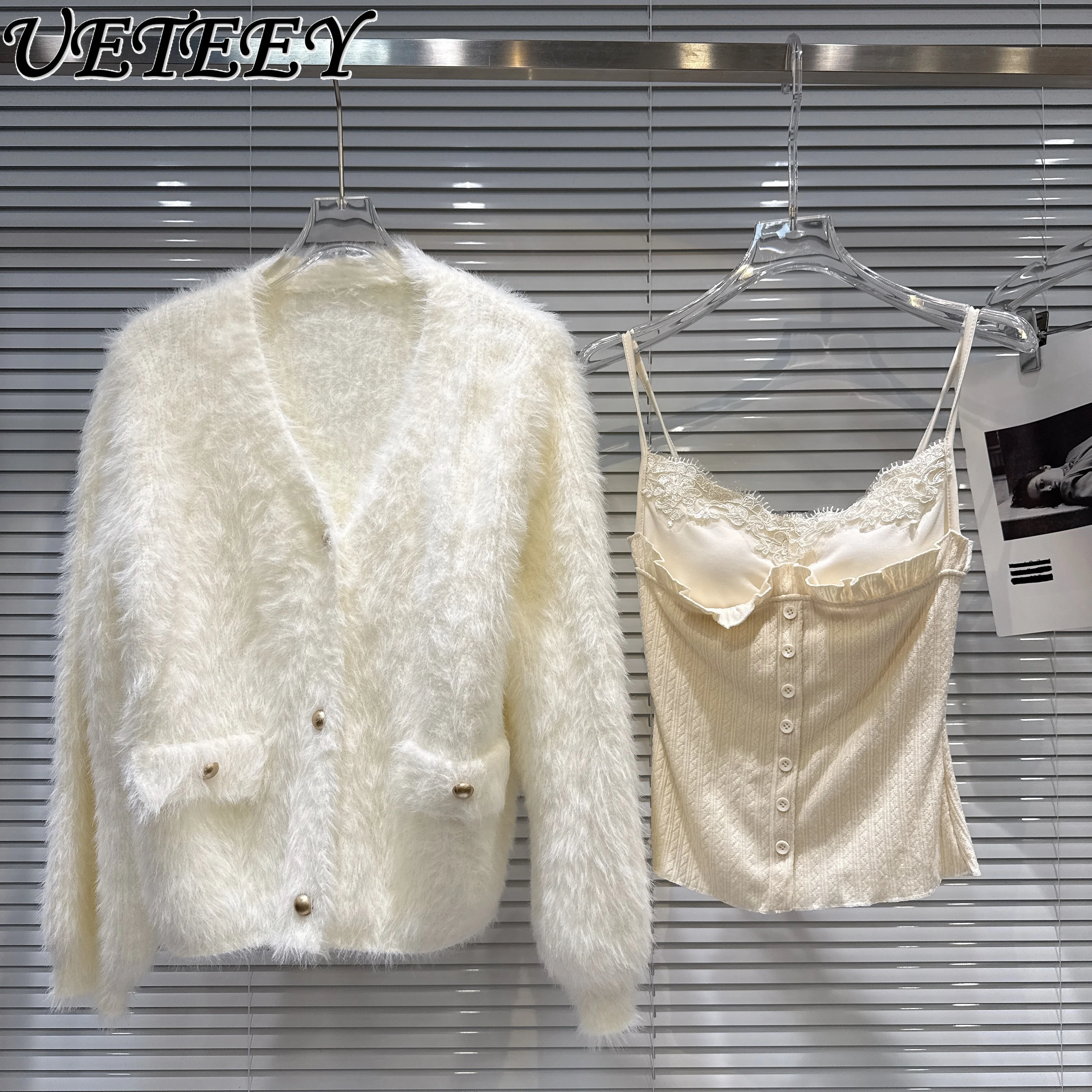 

2025 Winter New Mohair Sweater Cardigan Coat Lace Trim Strap Knitted Vest 2-Piece Set Fashion Thickened Warm Long Sleeve Sweater