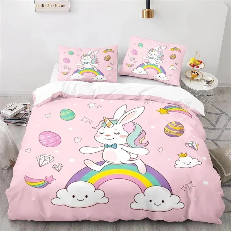 Cartoon Animal Duvet Cover Cute Rainbow Rabbit Bedding Set Microfiber Wildlife Quilt Cover Twin Size For Girls Boys Kawaii Room