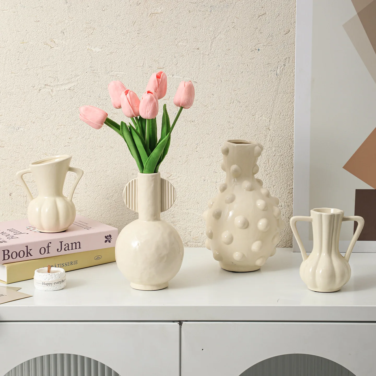 Cream White Double-handle Ceramic Vase Retro European-style Double-ear Vase Bright Ceramic Vase Dried Flower Desktop Ornaments