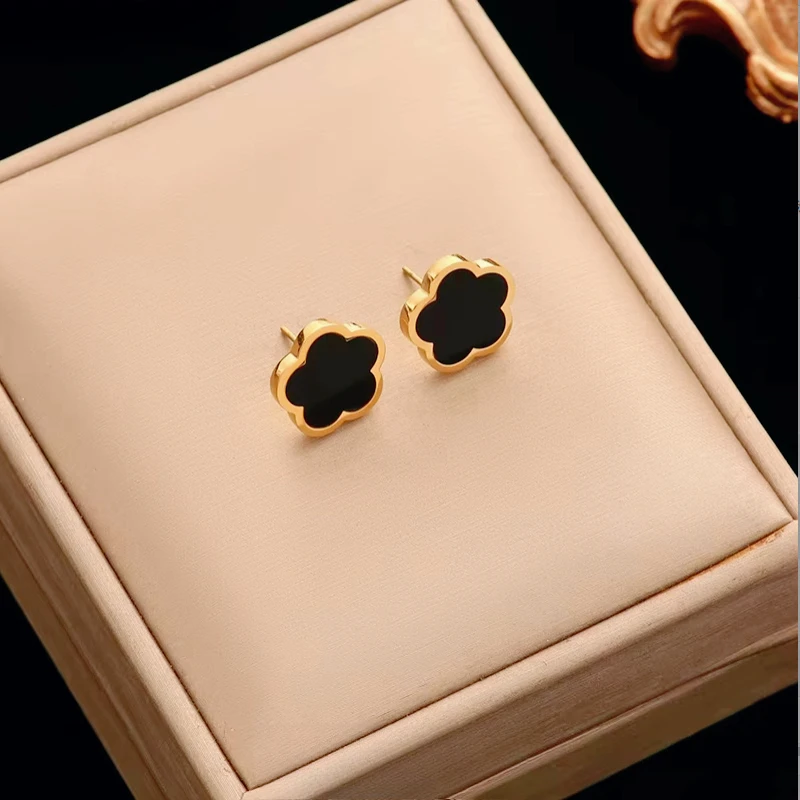 Stainless Steel Golden Plum Blossom Five Leaf Flower Stud Earrings For Women Fashion Waterproof Clover Jewelry Gift
