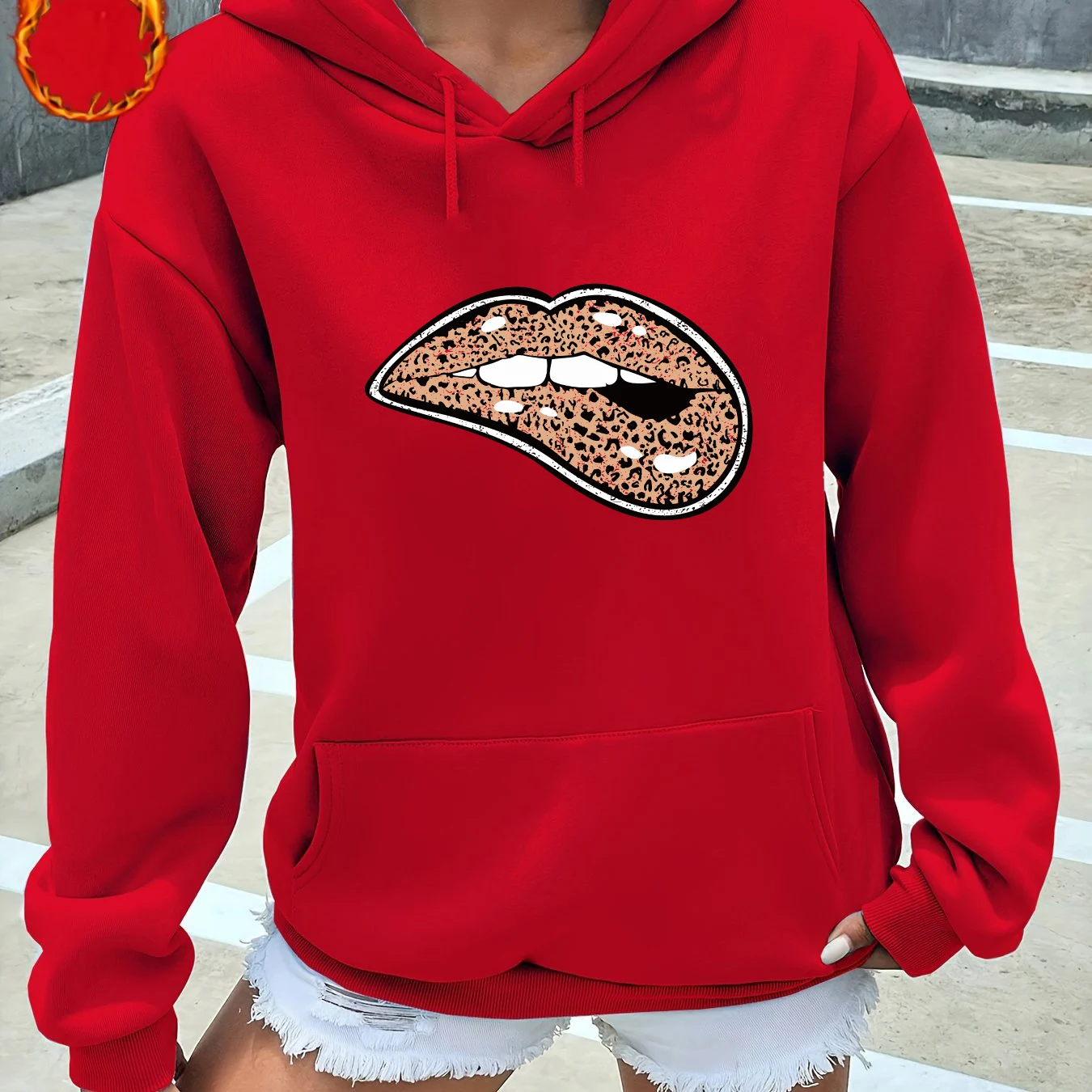 女性の秋と冬の暖かくゆったりとしたカジュアルなヒョウ柄リッププリントパターンプリントベルベット長袖フード付きスウェットシャツ