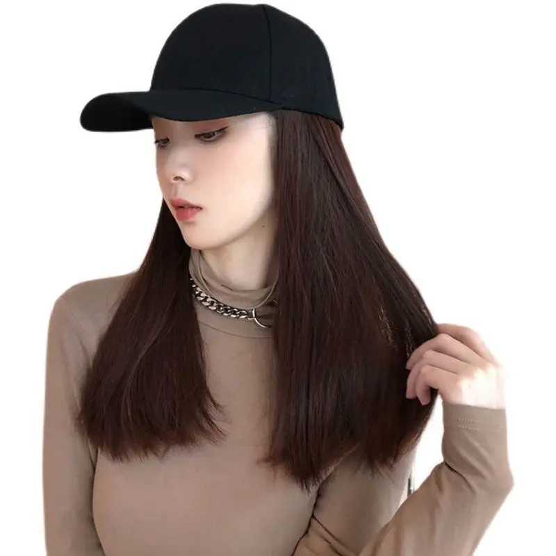 Summer Women's Black Baseball Cap With Straight Hair Together