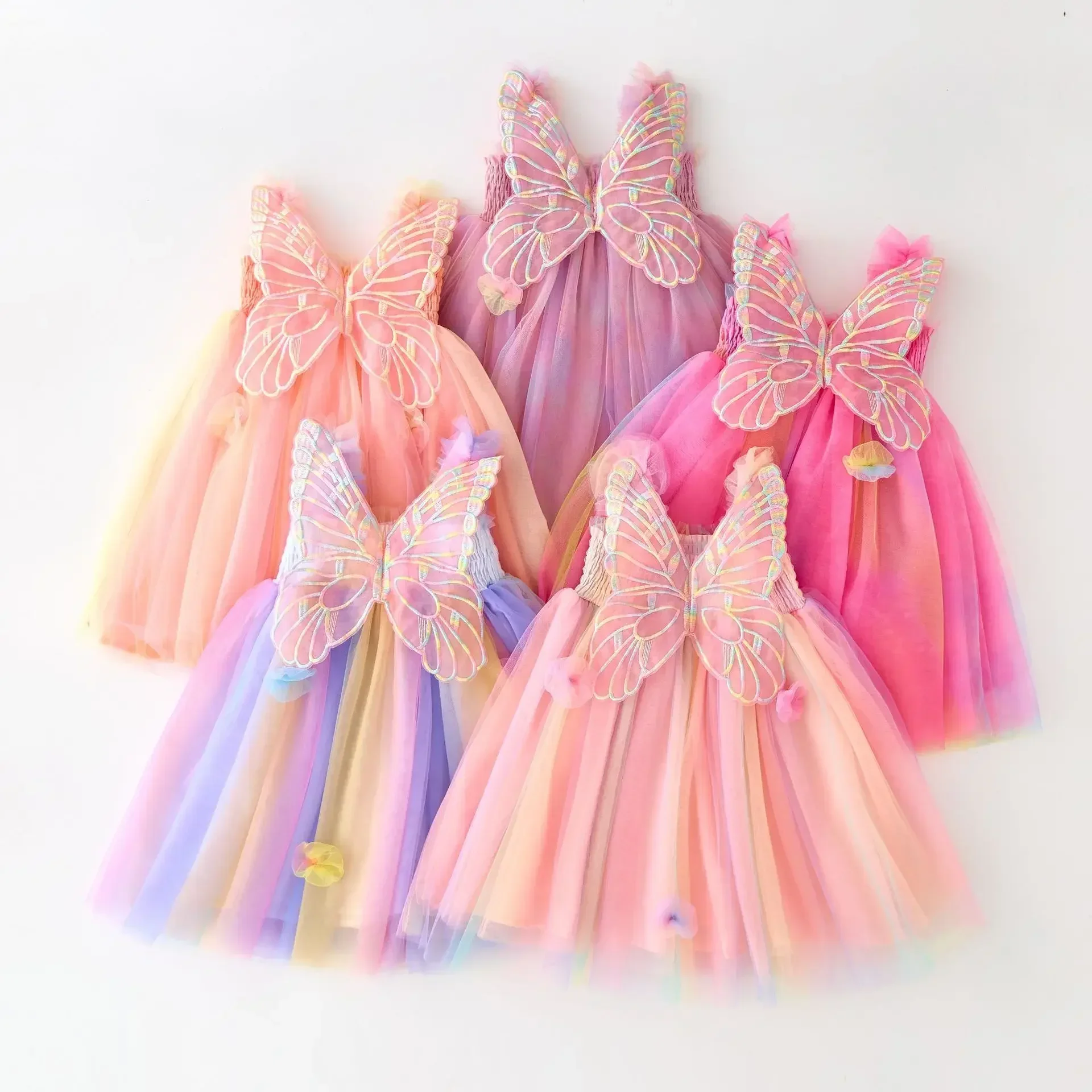 New Summer Kids Girl Dress Embroidered Three Dimensional Wings Appliques Sling Sleeveless Skirt Sweet Princess Mesh Fluffy Dress