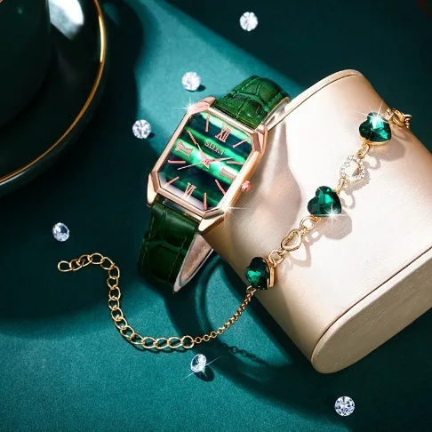6PCS Green Women's Watch Set Fashion Trend Simple Rectangular Dial Quartz Watch Bracelet Necklace Earrings Set Perfect Gift