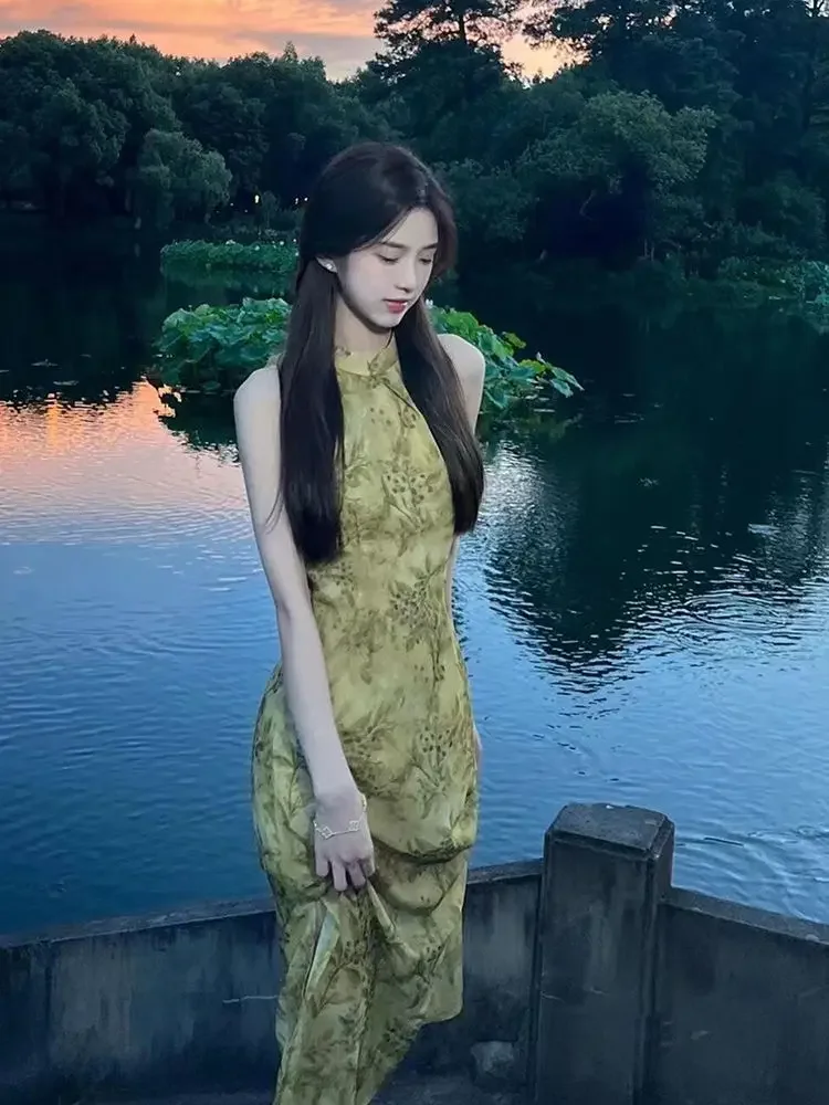 

Зеленые длинные платья Ципао Cheongsam, женское молодежное летнее сказочное восточное платье, платье в традиционном китайском стиле