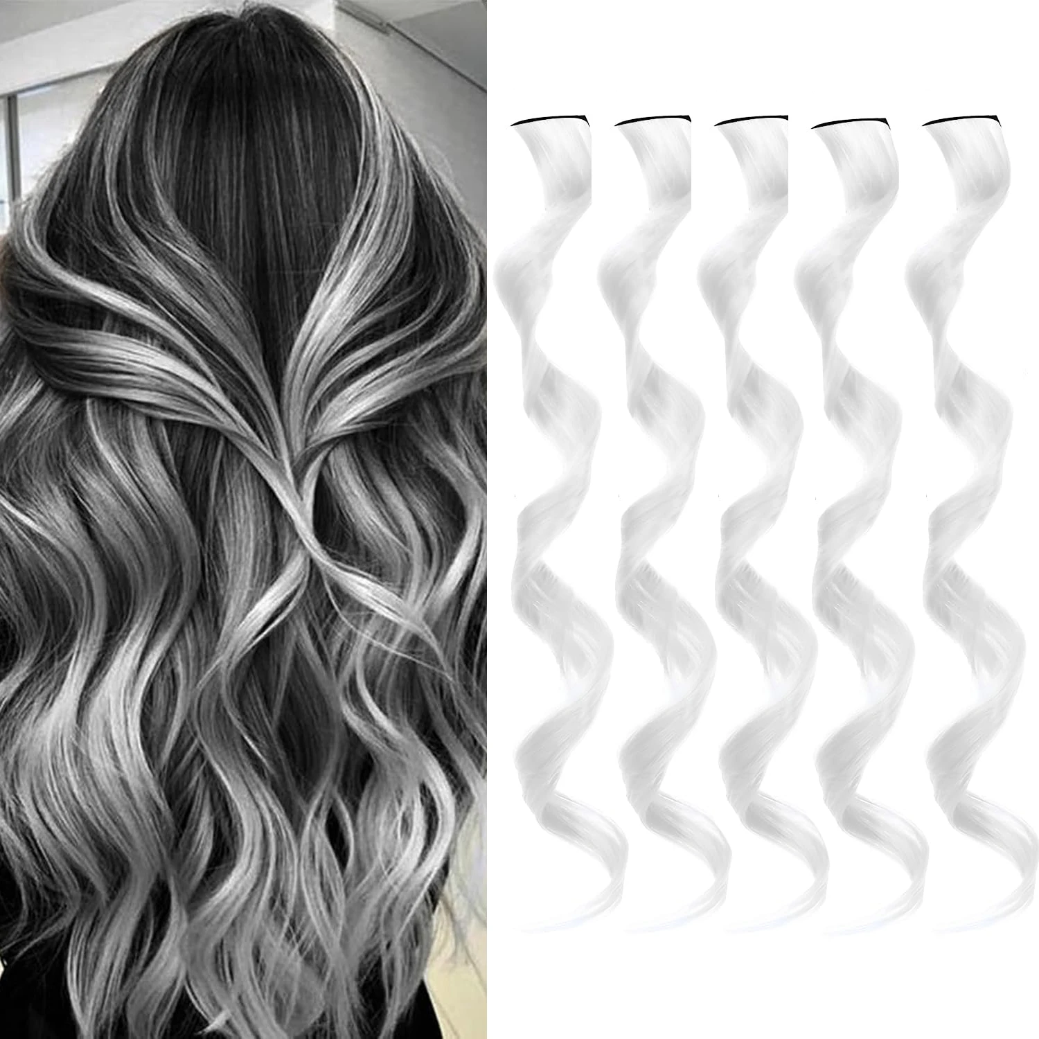 5 PCS White Hair Extensions Clip in, Curly Wavy Hair Accessories for Women 18 Inches Synthetic Hairpieces for Kids Girls Cosplay