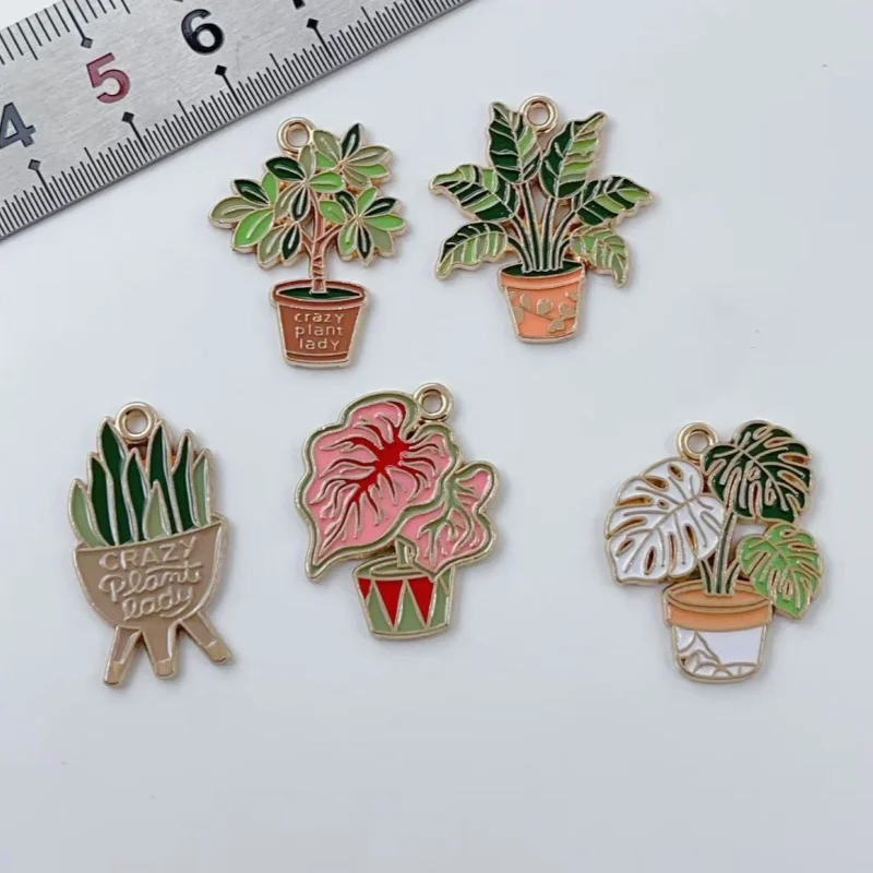 10Pcs Mixed Potted Green Plant Enamel Charms Gold Metal Leaf Pendant DIY Handmade Jewelry Making Findings