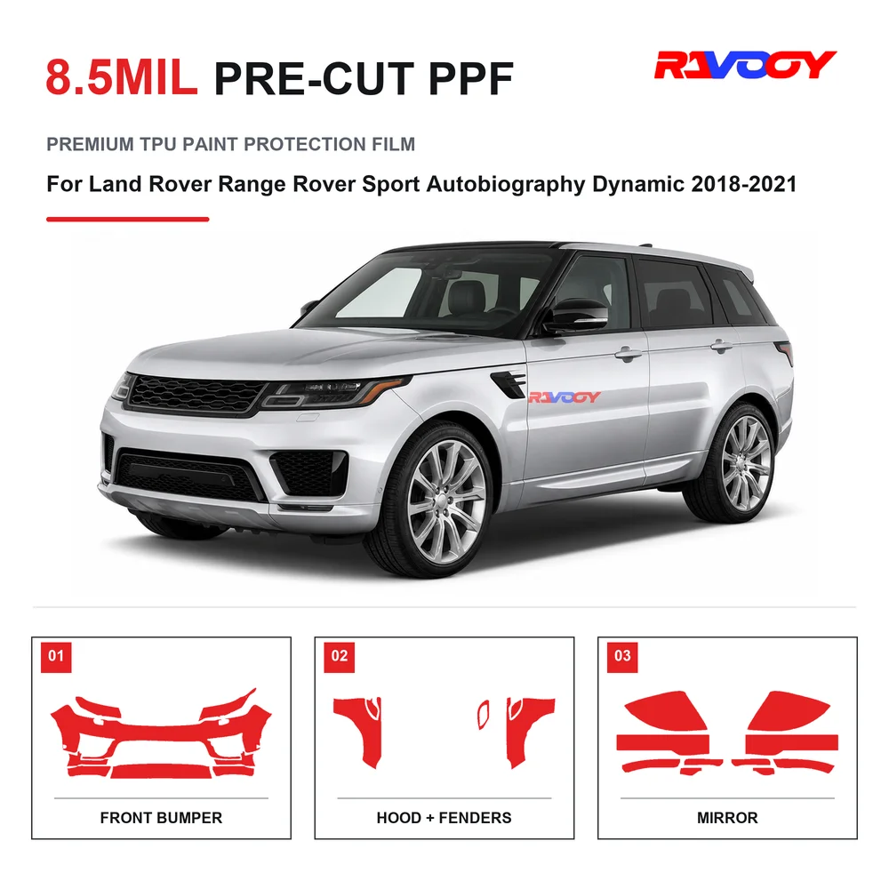 Film de protection de peinture transparent en TPU auto-réparant, prédécoupé pour Land Rover Range Rover Sport Autobiography Dynamic 2018-2021, 8,5 mil