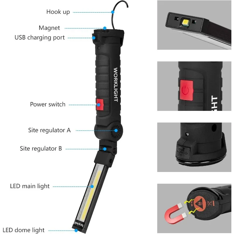 Outils cadeaux pour hommes, paquet de 2 lampes de travail LED rechargeables avec base magnétique, 360 °   Rotation, éclairage polyvalent pour les réparations, l'extérieur