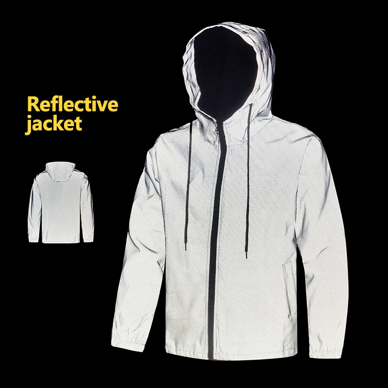 Outdoor Loose Mesh Reflective Jacket Men's Fashion Hooded Night Running Cycling Safety High Visibility Coats Hip Hop Streetwear