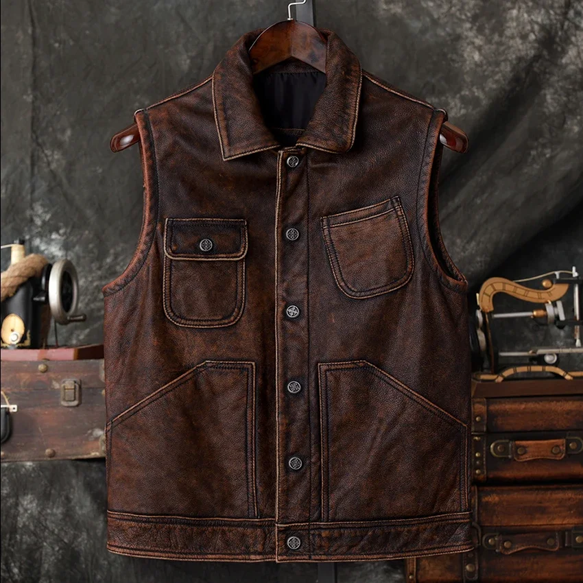 Man Genuine Leather  Vest American Jacket Men's Real Top Layer Cow Leather Cargo Jacket Men Spring Autumn Winter Leather Vest