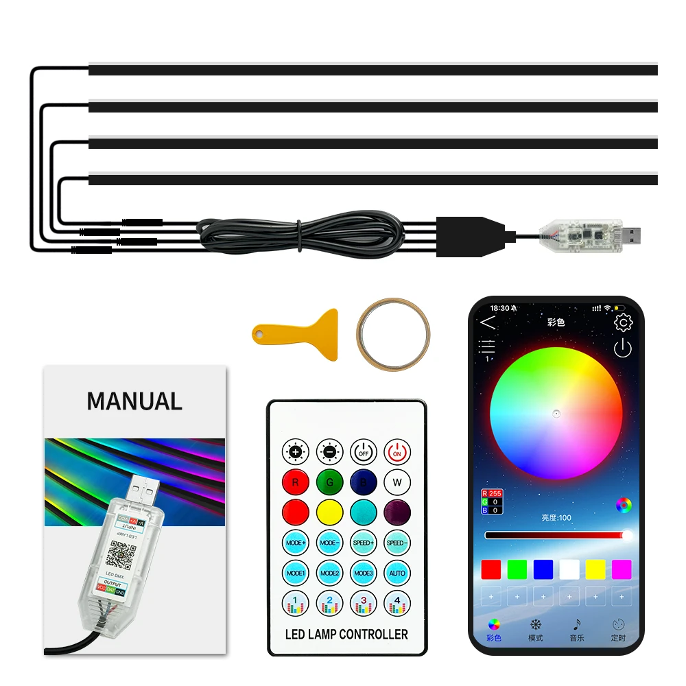 4pcs 43.3'' Car Dreamcolor Ambient Lighting 110CM Trim RGB Interior Neon Universal Symphony USB APP Streamer Music Hidden Lights