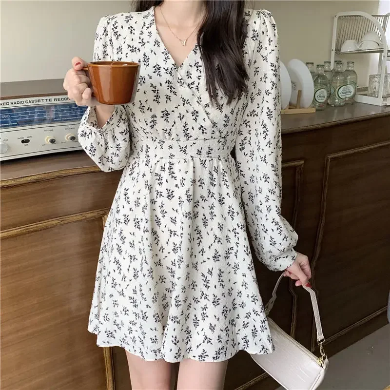 Dress Women Spring Autumn Vintage Floral Print V-Neck Dresses Women Long Sleeve Mini Dress Korean Fashion Vestido De Mujer