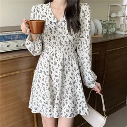 Dress Women Spring Autumn Vintage Floral Print V-Neck Dresses Women Long Sleeve Mini Dress Korean Fashion Vestido De Mujer