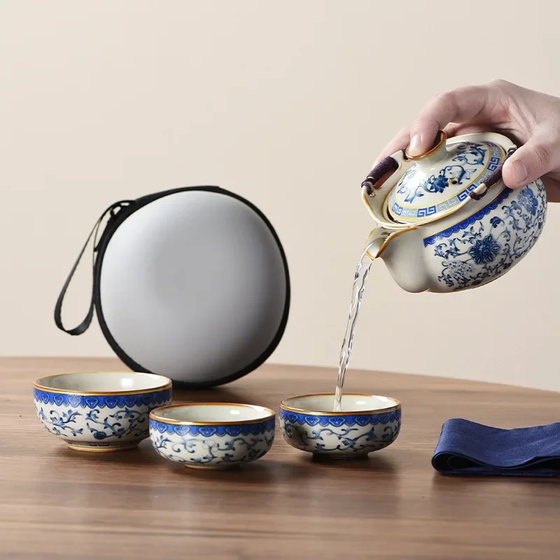 Blue and White Beige Ru Kiln Travel Tea Set One Pot and Three Cups Outdoor Portable Ceramic Retro Teapottea Sets Complete Setmat