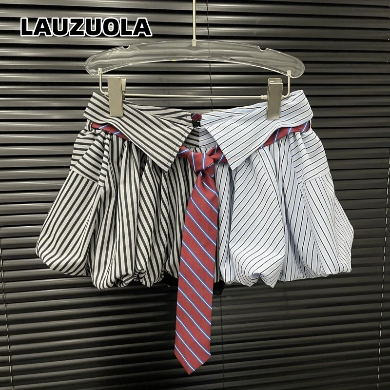 Women Contrast Stripe Bubble Mini Skirt Detachable Red Tie Waist Puffy Balloon Skirt Preppy School Uniform A Line Short Skirts