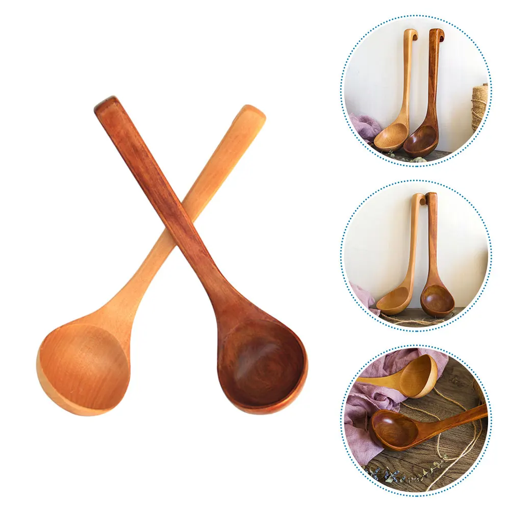 

2pcs Long Handle Wooden Soup Ladle Hook Kitchen Utensil Serving Spoon Stirring Ladle Wood Flatware Home Restaurant Use