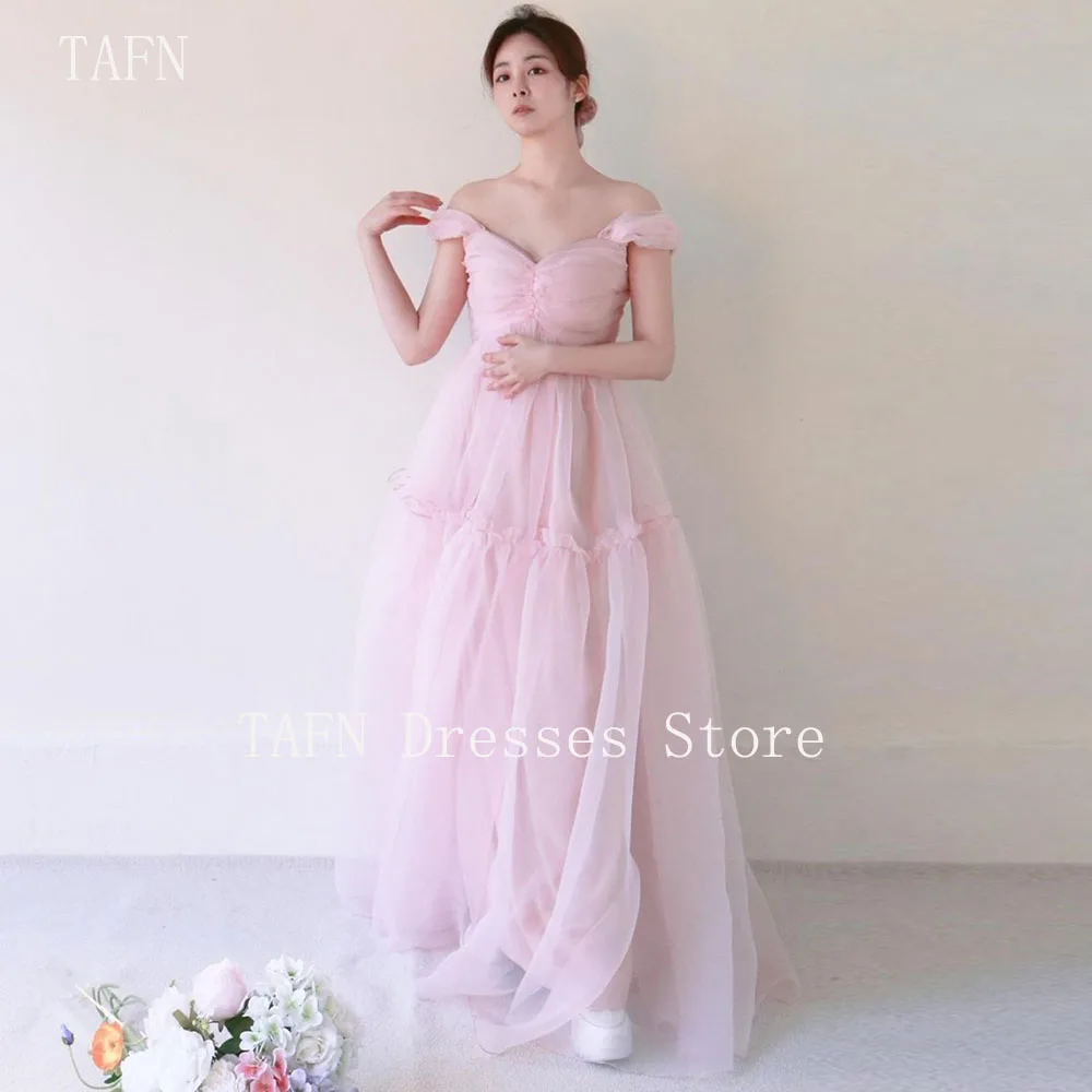 

TAFN Baby Pink Wedding Dresses A Line Off the Shoulder Bridal Gown Sweetheart Collar Pleat Photo Shoot Dresses Custom Made