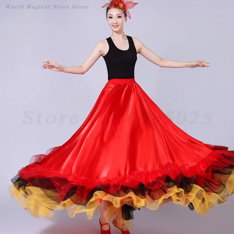 Spanischer traditioneller Flamenco-Tanzrock, klassisches Tänzerkostüm, Übergröße, Swing-Röcke, Zigeuner, langer Flamenco-Tango, Übungskleidung