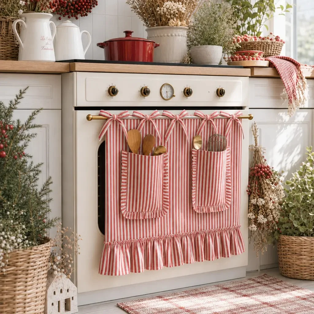 Farmhouse Red Stripe Oven Door Curtain with Pockets Bow Tie‑up Ruffled Dishwasher Cover Curtain Vintage Kitchen Home Decor