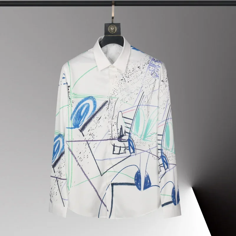 

New men's long sleeved printed shirt, fashionable fit, no iron shirt, runway style, one piece for shipping