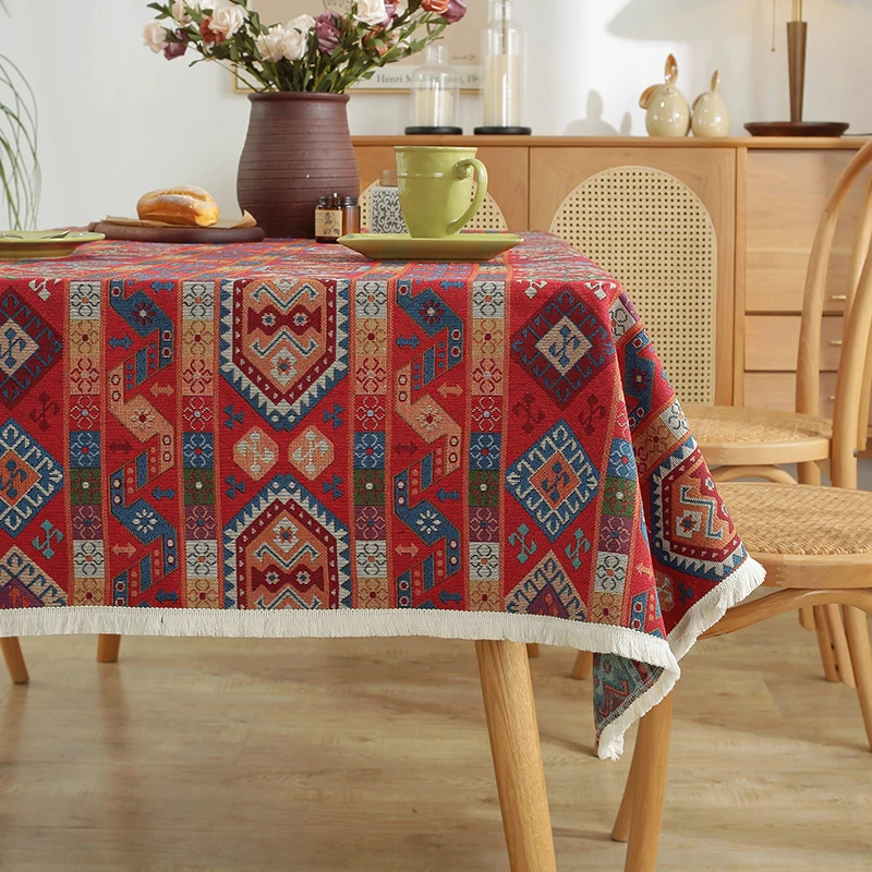 

Red Boho Tablecloth Exquisite Tassel Tablecloths Rustic Farmhouse Table Cover for Home Holiday Banquet Dining Room Decor