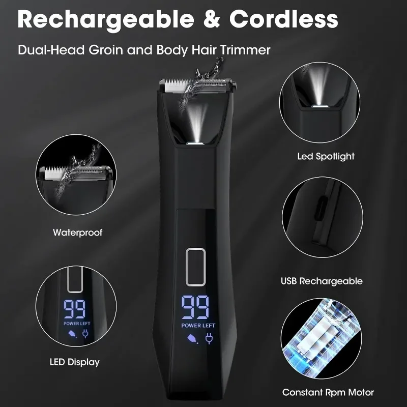 Body & Groin Hair Trimmer for Men,Waterproof Dual-Head Ceramic Blade Trimmer & Foil Blades,Wet & Dry Men’s Ball Shavers