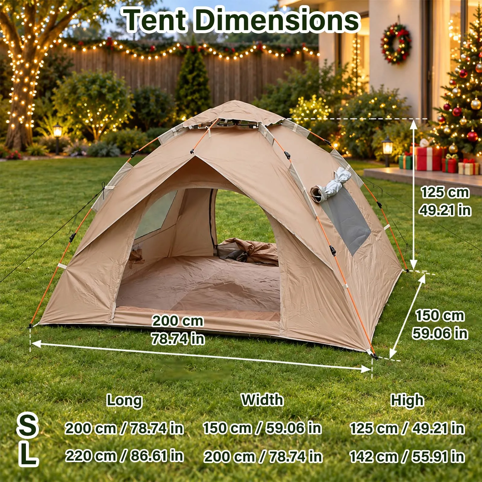 Pop Up Camping Tent Automatic Instant Setup 2 Person Sand Gold Dome Tent 2 Doors 2 Windows for Backyard Holiday Party Park