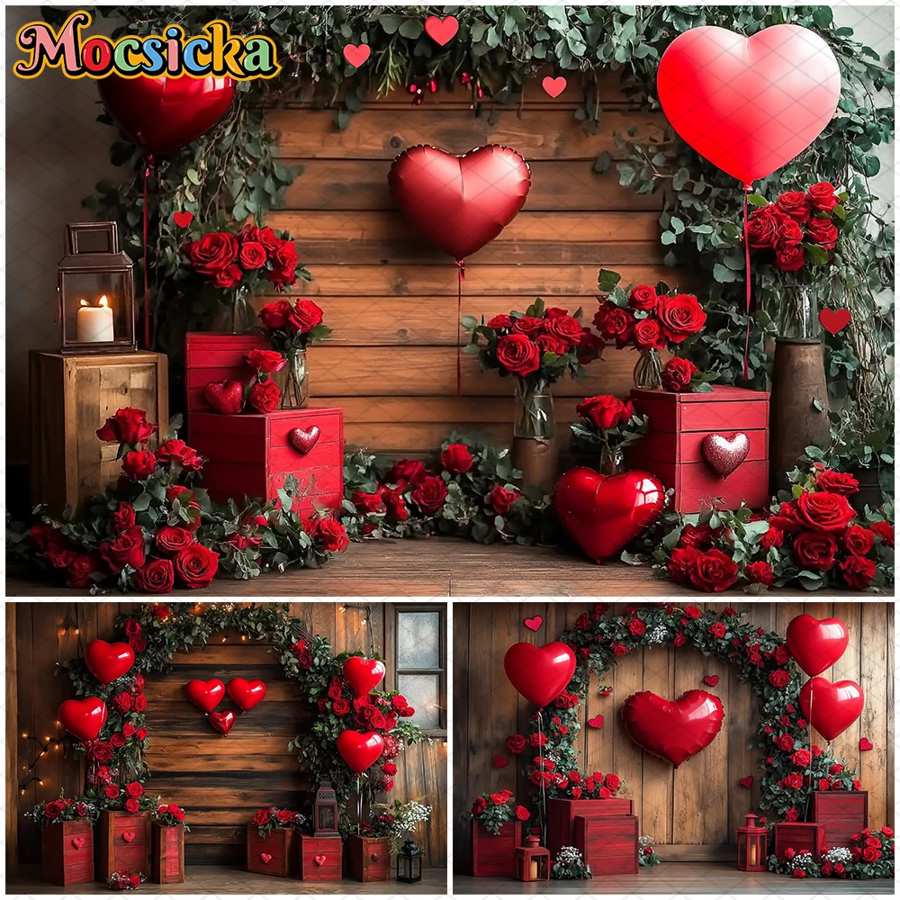 

Mocsicka Valentine's Day Backdrop Spring Lover Red Rose Heart Balloons Wood Wall Decoration Photography Background Studio Banner