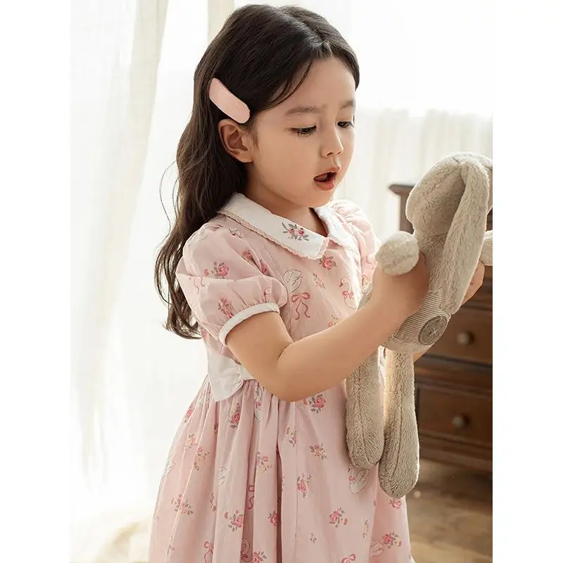 2024 Flowers Animal Printing Holiday Baby Girls Dress Ruffled Pink Sweet Cute Newborn Girl Princess Dresses Bow Infant Clothing